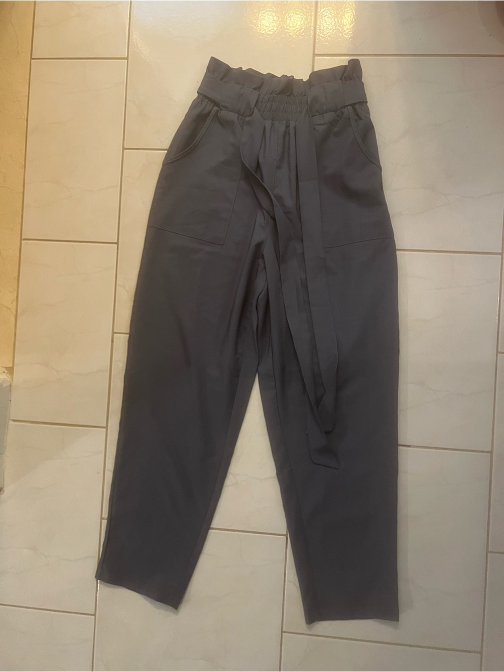 Freeprance Women’s Slate Blue High-Waist Paperbag Trousers